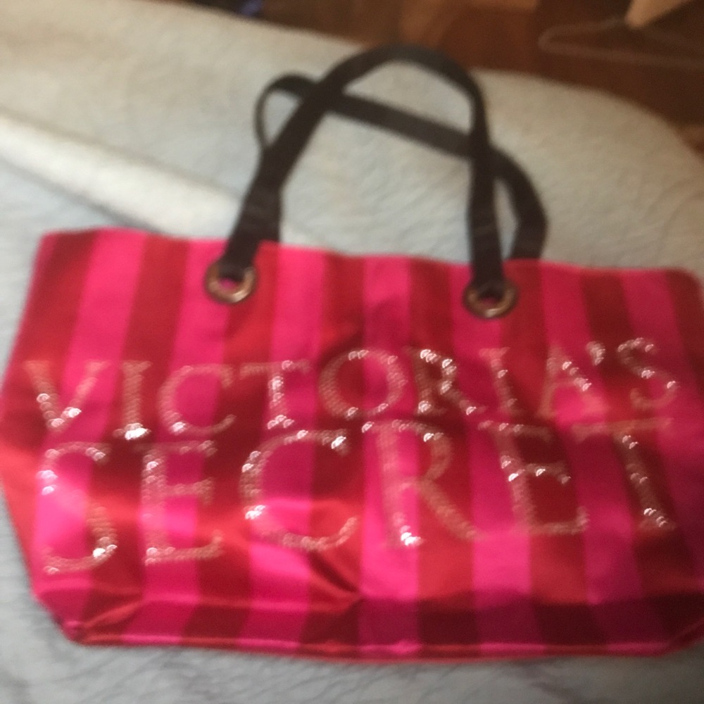 Red pink & gold stripe Victoria’s Secret tote